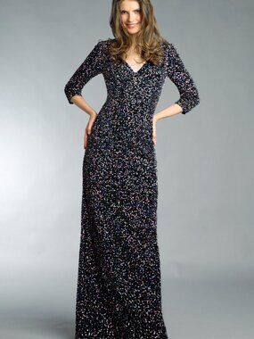 D8726L Sequined V Neck Gown - Multi